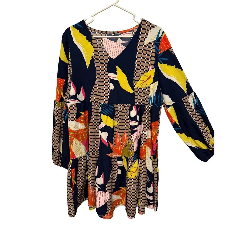 Abstract Print Tiered V Neck Long Sleeve Casual Dress Women‎ Multicolor A-Line